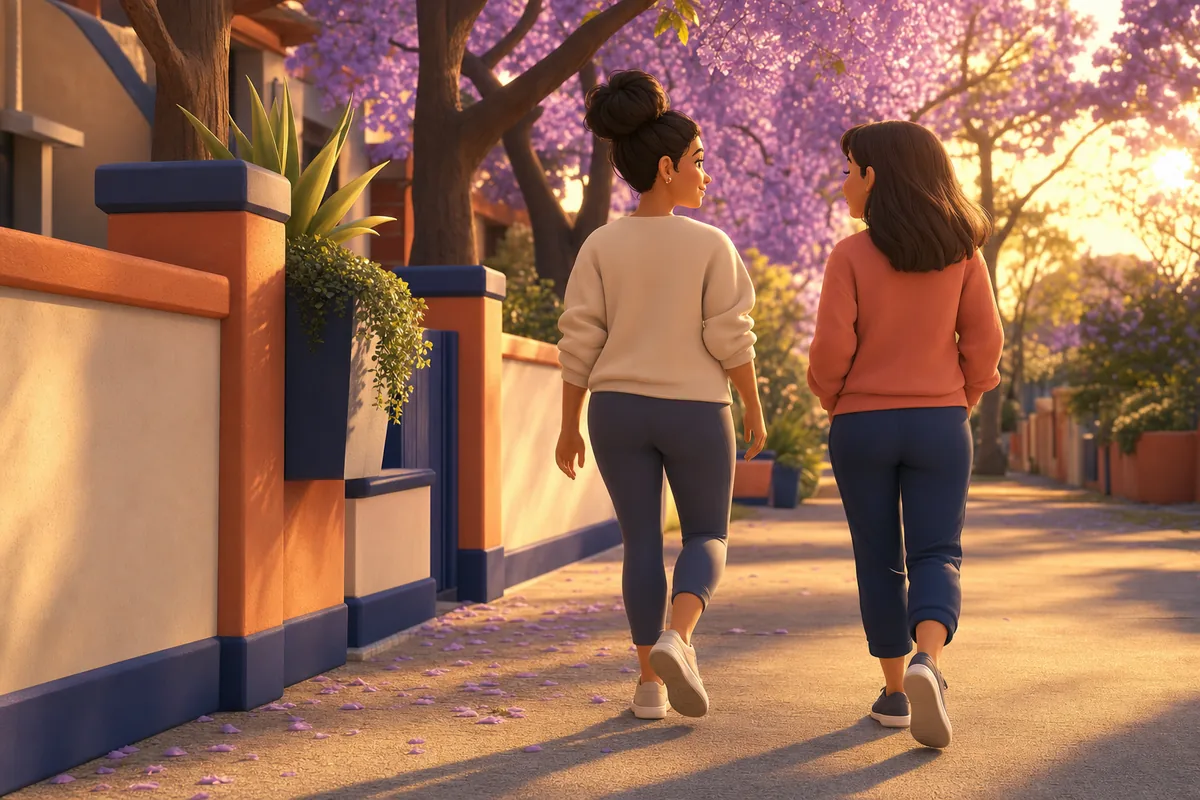 Dos mujeres caminando por la banqueta de su colonia después de la comida