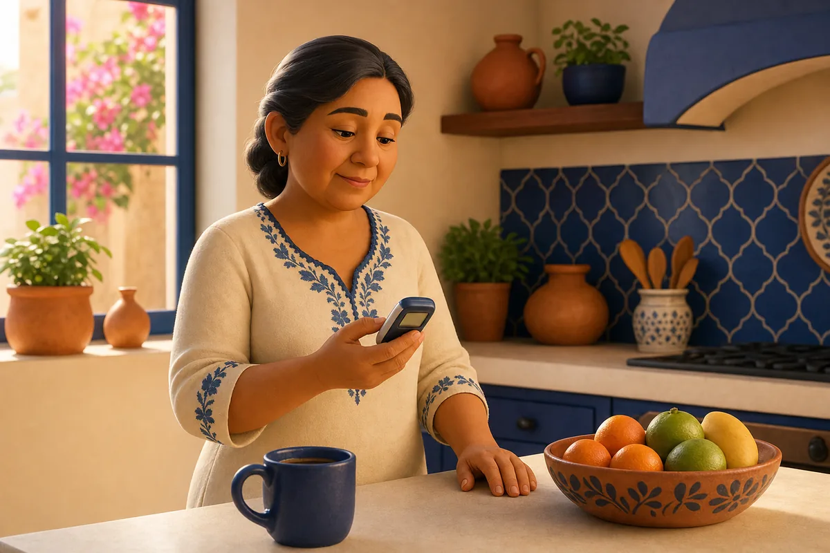 Mujer revisando su glucosa con un glucómetro en la cocina de su casa