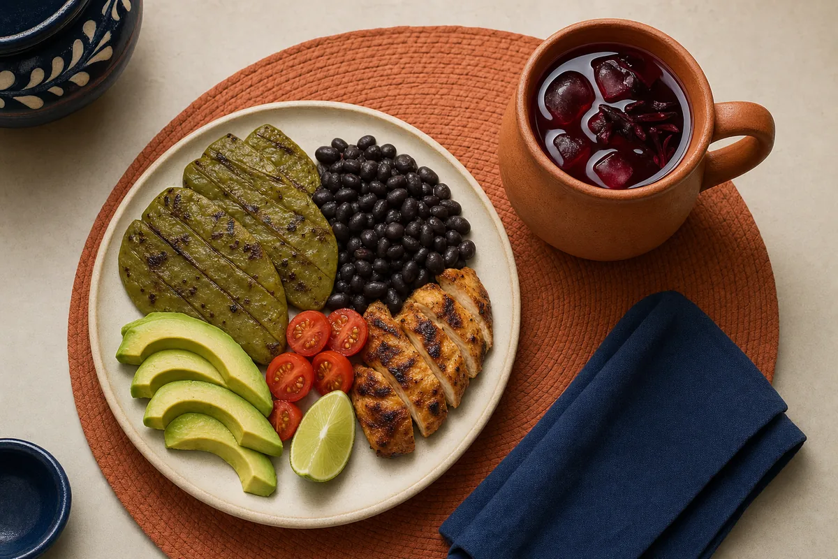 Plato con nopal asado, frijol negro, aguacate, jitomate y pollo, con agua de jamaica sin azúcar