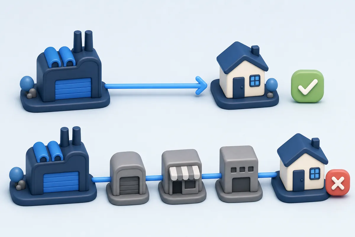 Esquema que compara la venta directa del fabricante con una cadena de intermediarios